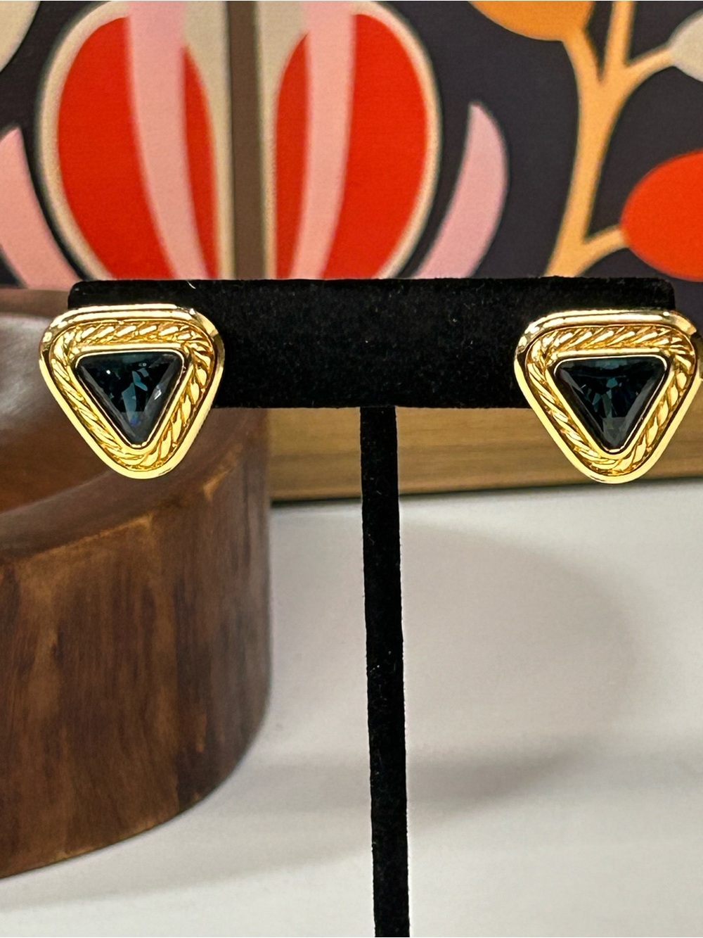 Swarovski gold plated dark teal blue triangular stud earrings vintage